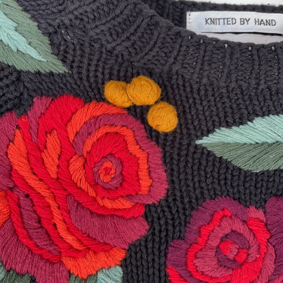 VTG Knitting Needles Hand-Knit /Embroidered Ramie Cotton Black Floral Sweater - Picture 4 of 11
